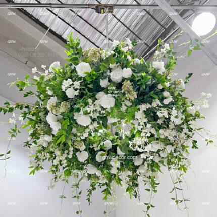 GNW Large Events Circular Ceiling Decoration Droop Silk Green and White Rose Flower Panel for Wedding Party