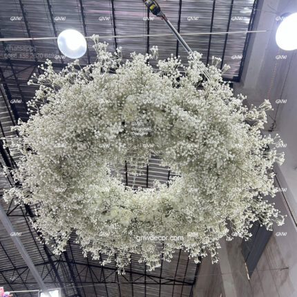 GNW Customized Artificial White Baby Breath Rose Decoration Floral Hanging Circular Ceiling for Wedding Stage Decoration