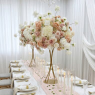 75cm pink garden rose wedding centerpiece with ivory blooms on a tall gold stand