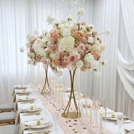 75cm pink garden rose wedding centerpiece with ivory blooms on a tall gold stand