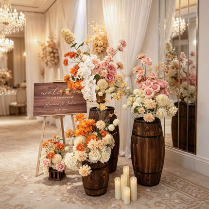 Peach wedding flower arrangements with pink, orange and ivory blooms displayed on wooden barrels