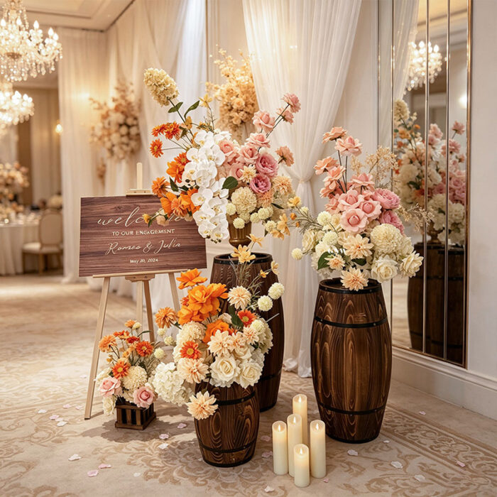 QQ图片20260728094100 (8) Peach wedding flower arrangements with pink, orange and ivory blooms displayed on wooden barrels