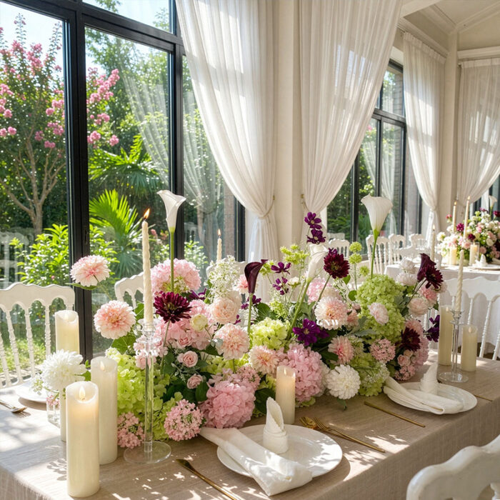 Pink and green hydrangea table runner with white flowers and purple accents on a wedding table