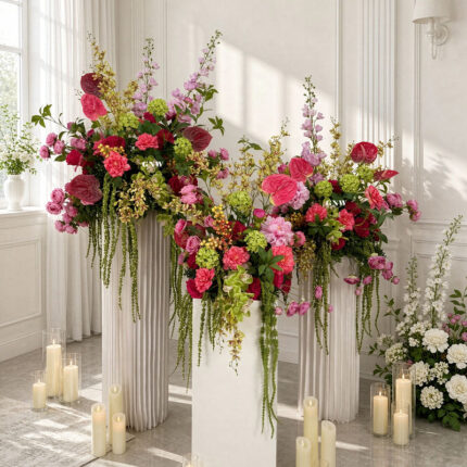Pink faux wedding flower arrangements with trailing greenery on tall display stands