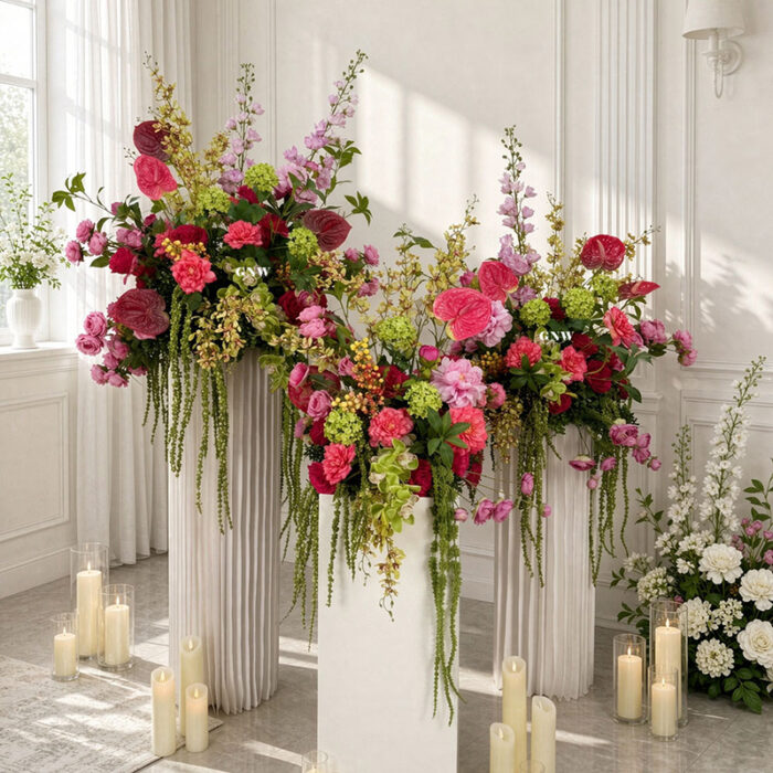 QQ图片20260917111200 (4) Pink faux wedding flower arrangements with trailing greenery on tall display stands