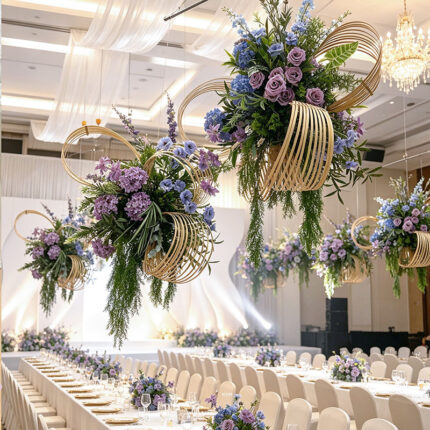 Purple artificial ceiling flowers with bamboo hoops and trailing greenery suspended above wedding reception tables